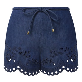 Zimmermann blue cotton shorts with broderie anglaise hem, scalloped edge, and gold-tipped drawstring waist