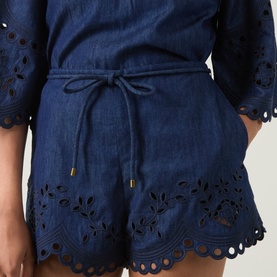 Model wearing Zimmermann blue cotton shorts with broderie anglaise hem and drawstring waist, styled with matching blue top