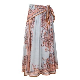 Zimmermann silk midi skirt in Blue Paisley Floral with wrap-style tie front and scalloped border trim detail.
