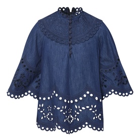 Zimmermann blue cotton top with broderie anglaise cutwork, scalloped hem, high neck, button front, and flared sleeves