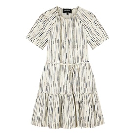 Whistles cream tiered mini dress with short sleeves and abstract brushstroke stripe print, no model