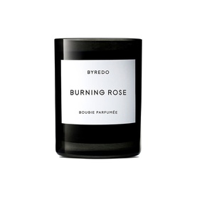 Byredo Burning Rose Bougie Parfum&eacute;e scented candle in black glass jar with white label