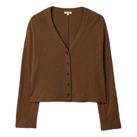 Jigsaw brown V-neck cardigan with button front placket and long sleeves, cropped length