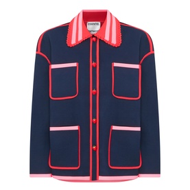 Essentiel Antwerp navy cardigan with red and pink contrast trim, striped collar, four patch pockets and button fastening