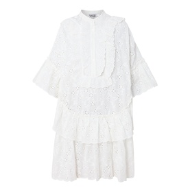 Essentiel Antwerp white cotton broderie anglaise tiered mini dress with scallop trim, ruffled bib front and flared sleeves