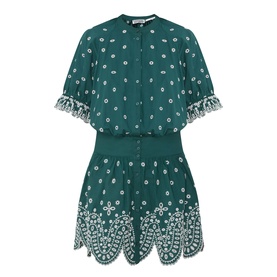 Essentiel Antwerp bottle green cotton dress with white floral embroidery, scalloped hem, button front, and fringed short sleeves