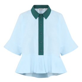 Essentiel Antwerp shirt in Combo2 Aquamarine, dark green contrast collar and button placket, fluted sleeves, peplum hem, 100% cotton