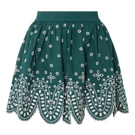 Essentiel Antwerp bottle green cotton mini skirt with white broderie anglaise embroidery and scalloped hem