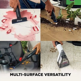 Shark EveryMess Portable 3-in-1 Stain Eliminator in use on carpet stains, soil, car interiors and upholstery, demonstrating multi-surface versatility