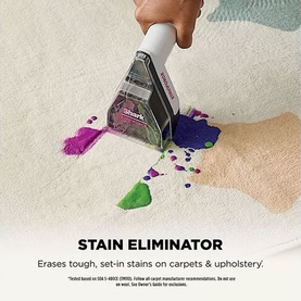 Shark EveryMess Portable 3-in-1 Stain Eliminator removing coloured stains from cream carpet, with promotional text overlay.