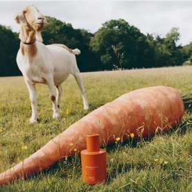 Jo Malone Carrot Blossom Cologne orange bottle on grass beside oversized carrot prop, goat and countryside in background