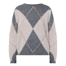 Luisa Cerano multi-coloured argyle knit sweater in grey, cream and tan, back view, dropped shoulders, relaxed fit