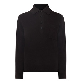Luisa Cerano truffle wool-cashmere knit polo top with long sleeves, button placket, and collar