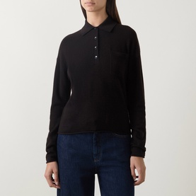 Model wearing Luisa Cerano truffle wool-cashmere knit polo top with long sleeves and button placket, styled with blue jeans.