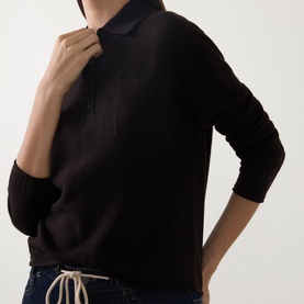 Model wearing Luisa Cerano truffle wool-cashmere polo-neck knit top, styled with navy drawstring trousers