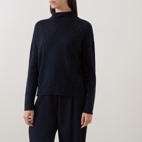 Model wearing Luisa Cerano winter navy sequin-embellished roll-neck knit sweater, styled with matching wide-leg trousers.