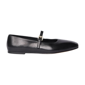 Whistles Mary Jane Ballet Flats in black leather with gold-tone buckle strap and flat sole, side profile view.