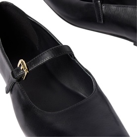 Whistles Mary Jane Ballet Flats in black leather with gold-tone buckle strap detail, square toe, close-up view.