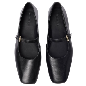 Whistles Mary Jane Ballet Flats in black leather with gold-tone buckle strap, square toe, overhead view