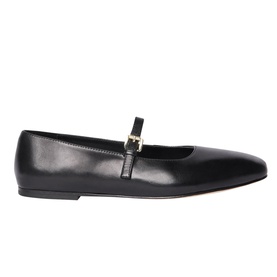 Whistles black leather Mary Jane ballet flat with gold-tone buckle strap and square toe, tan leather insole visible.