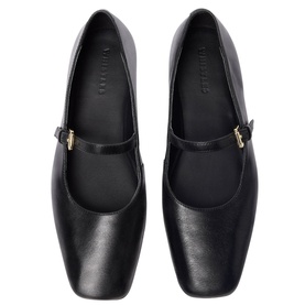 Whistles black leather Mary Jane flats with gold-tone buckle strap and square toe, overhead view