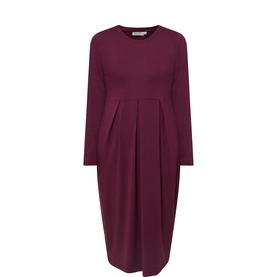 Masai fig long-sleeve midi dress with pleated front, round neck, and draped tulip hem in stretch viscose fabric