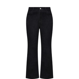 Masai black denim jeans with wide-leg flared silhouette, high waist, and front pockets