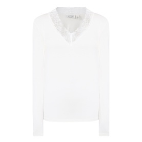 Masai cream long-sleeve top with V-neck and delicate lace trim collar detail, 96% viscose stretch fabric