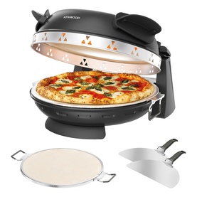 Kenwood My Pizzeria Pizza Oven Black with baked pizza inside, stone baking tray and metal pizza peel included