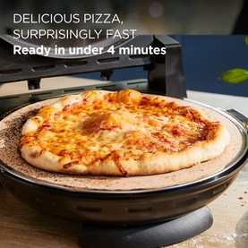 Kenwood My Pizzeria Pizza Oven Black with golden melted-cheese pizza cooking on stone plate, text overlay reads ready in under 4 minutes