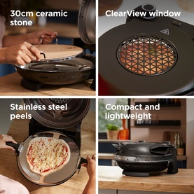 Kenwood My Pizzeria Pizza Oven Black with ceramic stone, ClearView window, stainless steel peels, shown in four feature detail panels