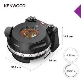 Kenwood My Pizzeria Pizza Oven Black with dimensions 36x35.2x18.5cm, 400&deg;C max temp and 4-minute cook time infographic.