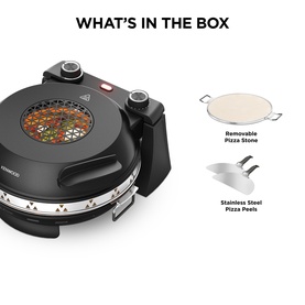 Kenwood My Pizzeria Pizza Oven Black showing included accessories: removable pizza stone and stainless steel pizza peels.