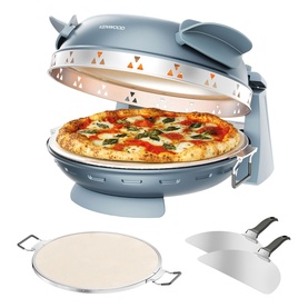 Kenwood My Pizzeria Pizza Oven in Storm Blue with baked pizza inside, shown with stone baking plate and metal pizza peel accessories