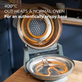 Kenwood My Pizzeria Pizza Oven Storm Blue open showing 400&deg;C heating element and stone base, with text highlighting crispy base performance.