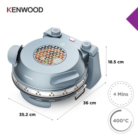 Kenwood My Pizzeria Pizza Oven in Storm Blue with dimensions 36x35.2x18.5cm, 400&deg;C max temp, 4-minute cook time.