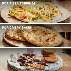 Kenwood My Pizzeria Pizza Oven Storm Blue lifestyle shot showing pizza with toppings, crispy flatbread bases, and chocolate biscuit treats on