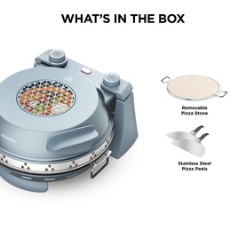 Kenwood My Pizzeria Pizza Oven in Storm Blue shown with included removable pizza stone and stainless steel pizza peels