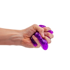 Hand squeezing a Nee Doh Lava Instant Slime fidget toy in purple, showing stretchy gel texture oozing between fingers.