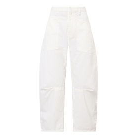Nili Lotan vintage cream wide-leg trousers with curved seam panels and relaxed silhouette, flat lay