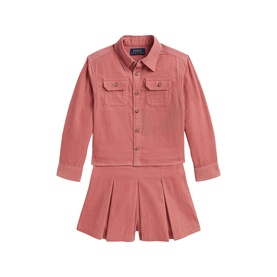Ralph Lauren canvas pink corduroy shirt and pleated shorts two-piece set for girls