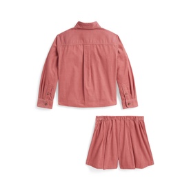 Ralph Lauren children's canvas pink 2-piece set with long-sleeve button shirt and elasticated shorts, shown flat back view