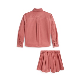 Ralph Lauren canvas pink children's 2-piece set, long-sleeve button shirt and elasticated waist skirt, back view