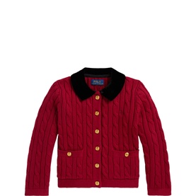 Ralph Lauren children's cable-knit cardigan in Eaton Red with black velvet collar, gold buttons, and front patch pockets