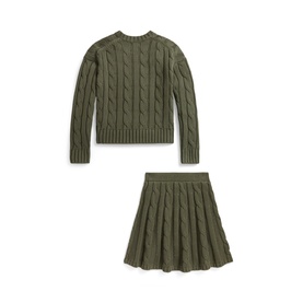 Ralph Lauren Pony Logo Cable Knitted Sweater & Skirt Two-Piece Set in green, cable-knit texture, long-sleeve top and pleated flared skirt.