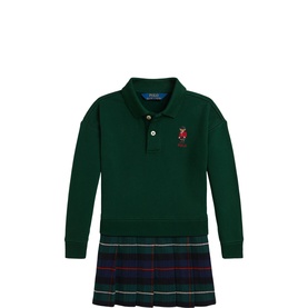 Ralph Lauren moss agate long-sleeve polo dress with tartan pleated skirt and embroidered bear motif, children's