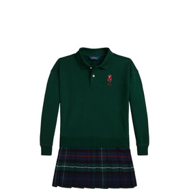 Ralph Lauren moss agate long-sleeve polo dress with tartan pleated skirt and embroidered bear motif, children's