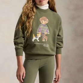 Model wearing Ralph Lauren Polo Bear Logo Fleece Sweatshirt in Cruise Olive with crew neck and Polo Bear graphic, styled with matching olive leggings.