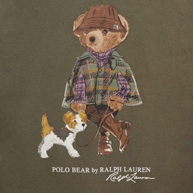 Ralph Lauren Polo Bear graphic in Cruise Olive, featuring bear in plaid jacket walking a terrier dog, printed on sweat top