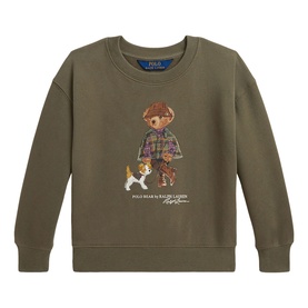 Ralph Lauren Polo Bear Logo Fleece Sweatshirt in green, crew neck with Polo Bear and Jack Russell Terrier graphic print
